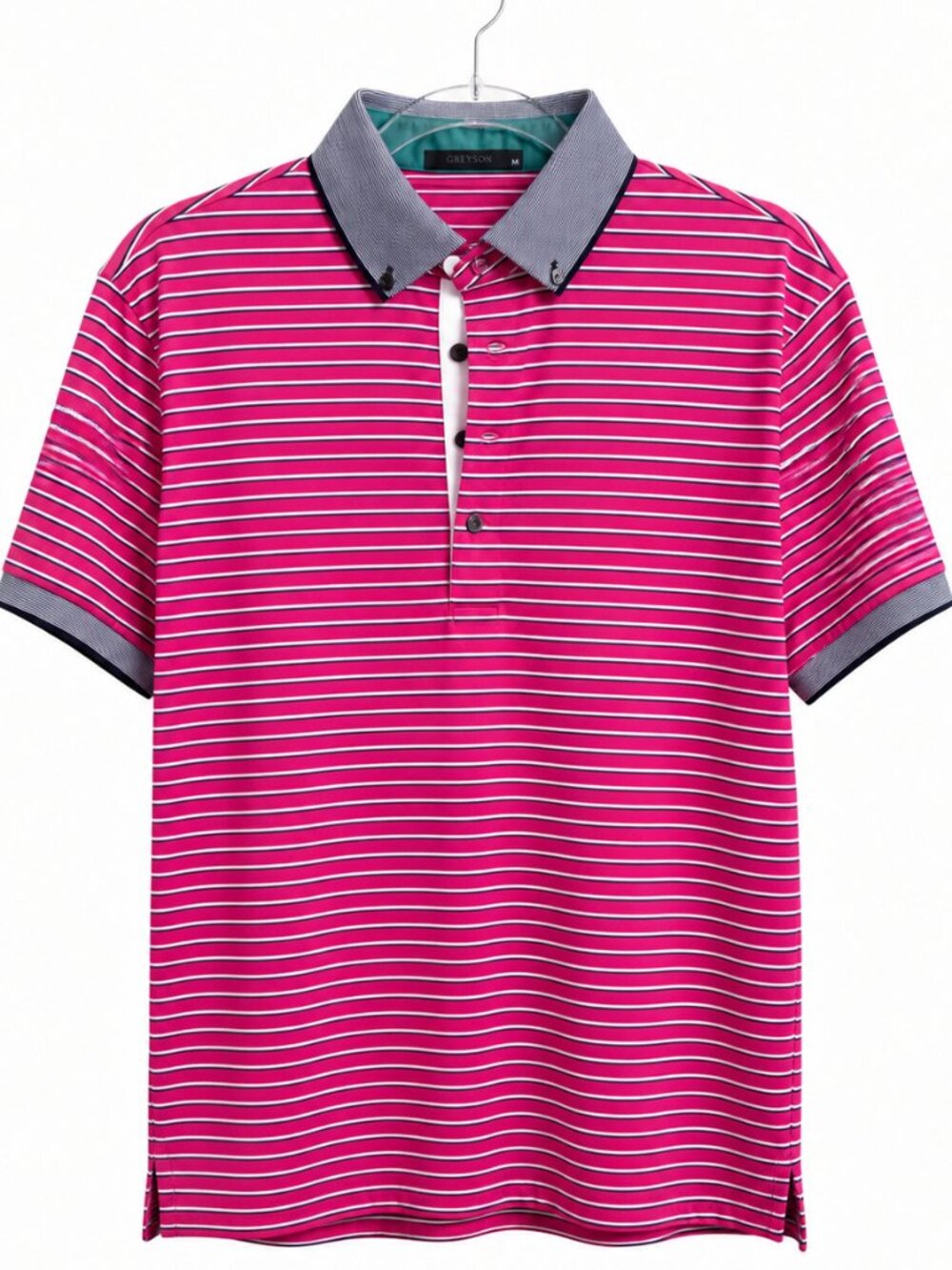 Greyson EUC Stripe Performance Polo - Bright Pink, Navy, White